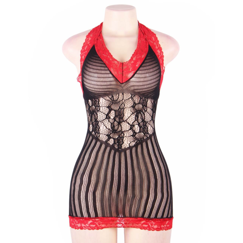 QUEEN LINGERIE CROTCHET MESH HOLLOW OUT BLACK AND RED CHEMISE SL