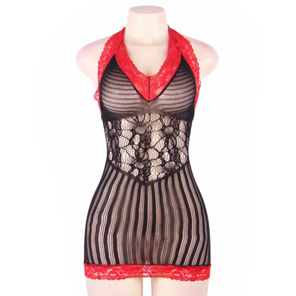 QUEEN LINGERIE CROTCHET MESH HOLLOW OUT BLACK AND RED CHEMISE SL